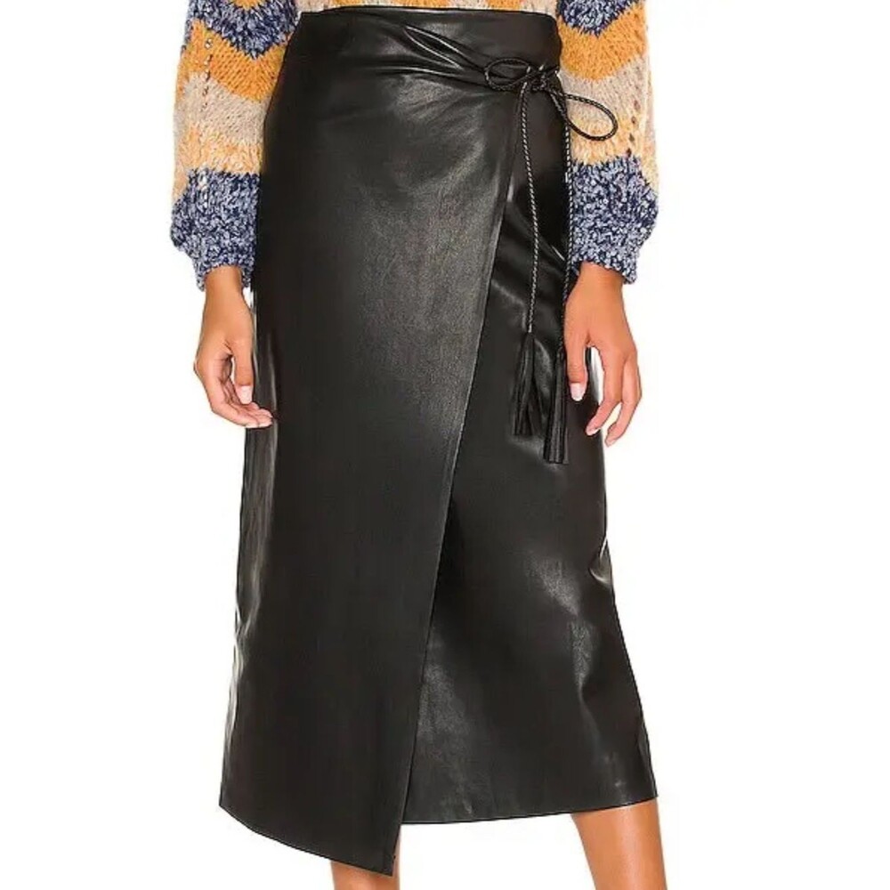 MOTHER The It's a Wrap Faux Leather Wrap Midi Skirt Black Medium Vegan Luxury